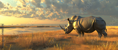 Rhino grazing in savannah, 3D vector format