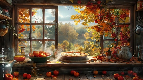 Homey Kitchen View with Delicious Apple Pie, generative ai