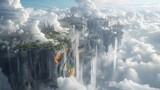 A panoramic view of a floating city suspended above a cloudy atmosphere, with waterfalls cascading down its sides.
