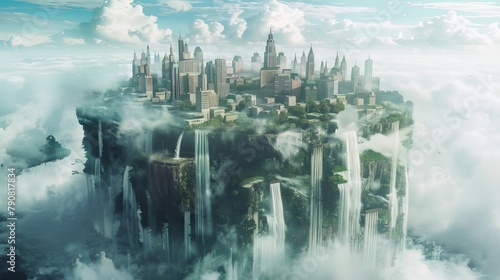 A panoramic view of a floating city suspended above a cloudy atmosphere, with waterfalls cascading down its sides.