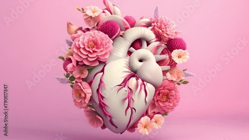 Human heart with flowers on a pink background. copy space	 photo
