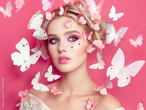 beautiful Caucasian girl of 26 years old with exquisite makeup surrounded by exotic white and pink butterflies