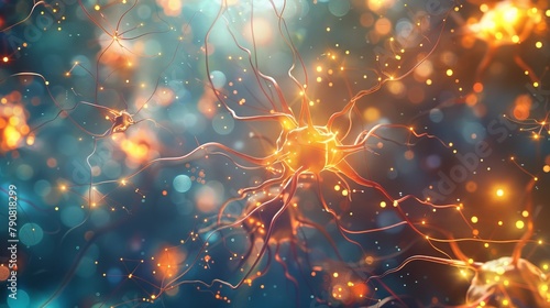 A microscopic view of neurons firing electrical impulses, creating a dazzling display of light and color, representing the biological basis of thought. photo