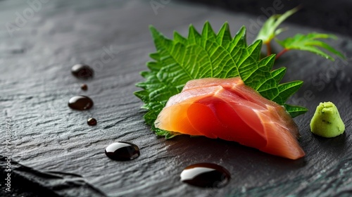 A minimalist composition of a single piece of yellowtail sashimi with a vibrant green shiso leaf resting on top, a drop of soy sauce glistening beside it, all set against a backdrop of dark slate.