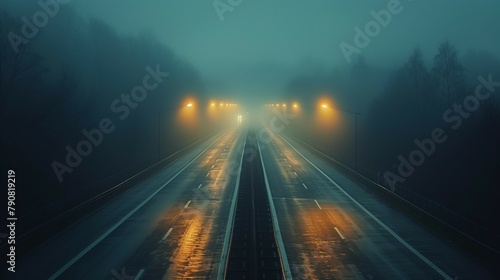 Lonely road shrouded in foggy haze, generative ai