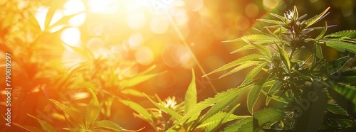 Cannabis Plants with Leaves and Buds in Sunlight