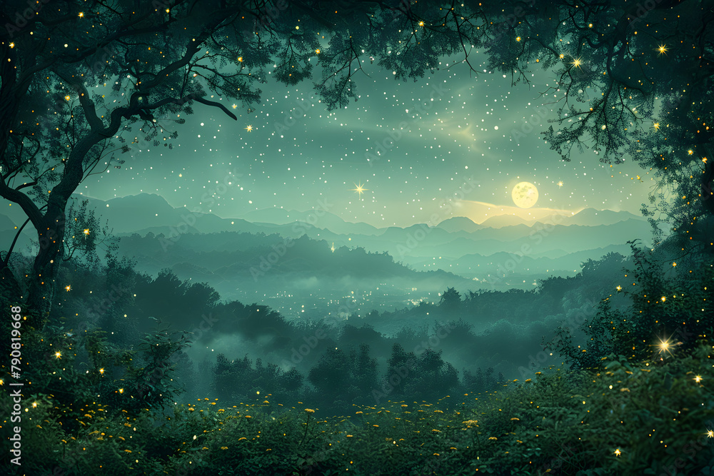 Enchanting Twilight Forest Scene with Stars and Dark Emerald Mountains