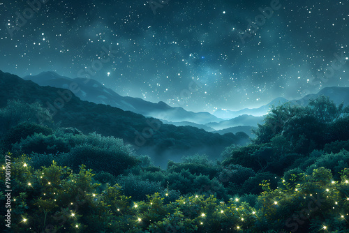 Starry Night Landscape with Lush Greenery and Dark Mountains