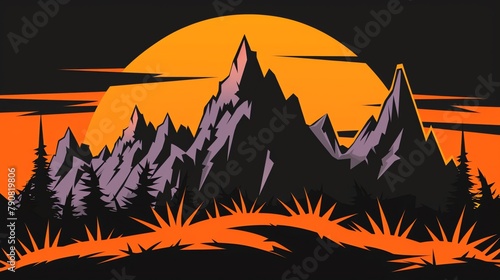 Majestic mountain range at sunset, with peaks glowing orange and purple © Phawika