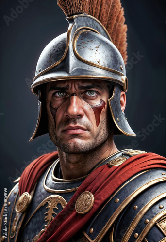 Roman soldier with his war armor and helmet on his head