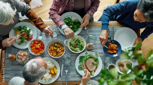 Overhead view of a family enjoying a variety of healthy homemade dishes at a communal dining table. 
