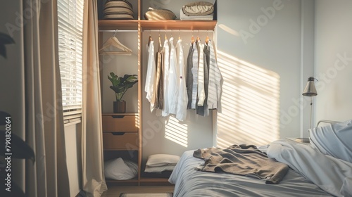 A bedroom with a white bed and a wooden closet