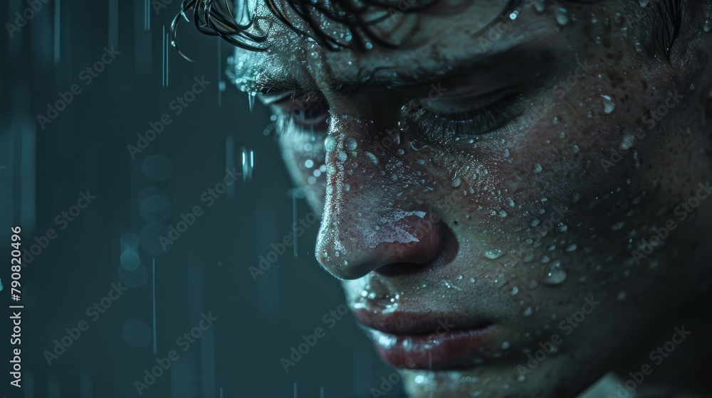 A man with wet hair and a wet face. The man is looking down and he is sad