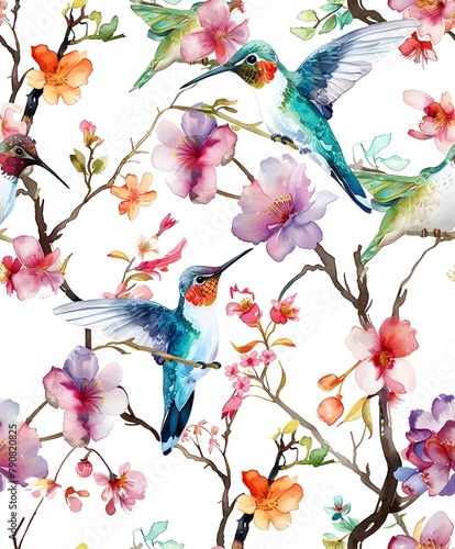 seamless pattern of watercolor hummingbirds, with flowers and branches © Sagar