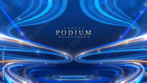 Empty podium golden on blue background with light neon effects with bokeh decorations. Luxury scene design concept. Vector illustrations.