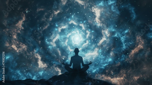 A person meditating in a lotus position  with swirling galaxies emanating from their head  representing the vastness of the human mind. 