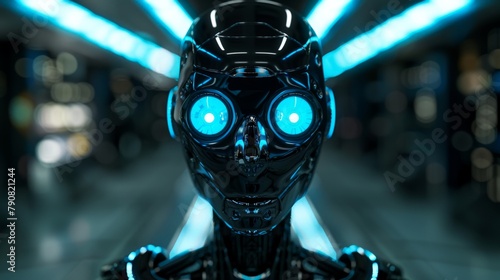 A photo of a robot with a blank expression and glowing blue eyes, raising questions about the consciousness and sentience of artificial intelligence.
