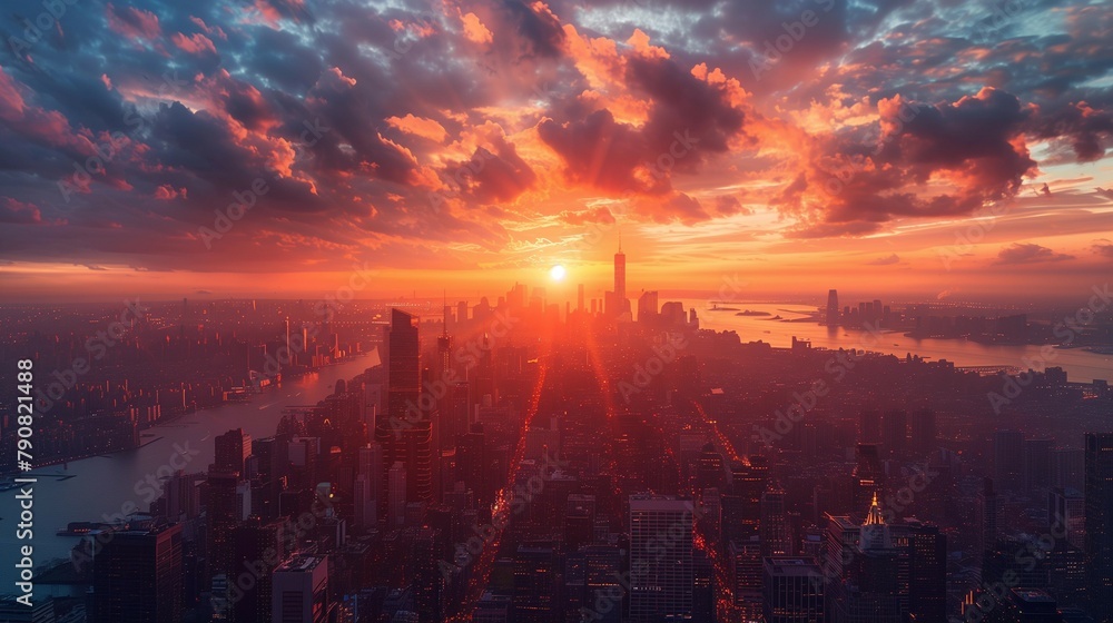 Fototapeta premium Metropolis Rising with the Sun, generative ai