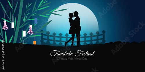 Tanabata festival design. for banners and posters. the Star Festival. matsuri festival. Tanabata or Star festival background with cowherd and weaver girl holding bamboo branches with hanging wishes.