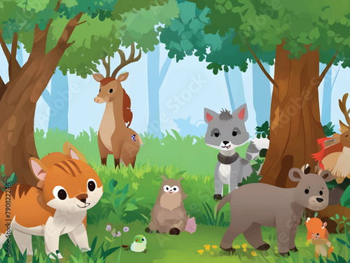 Wild animal cartoon character in the forest scene