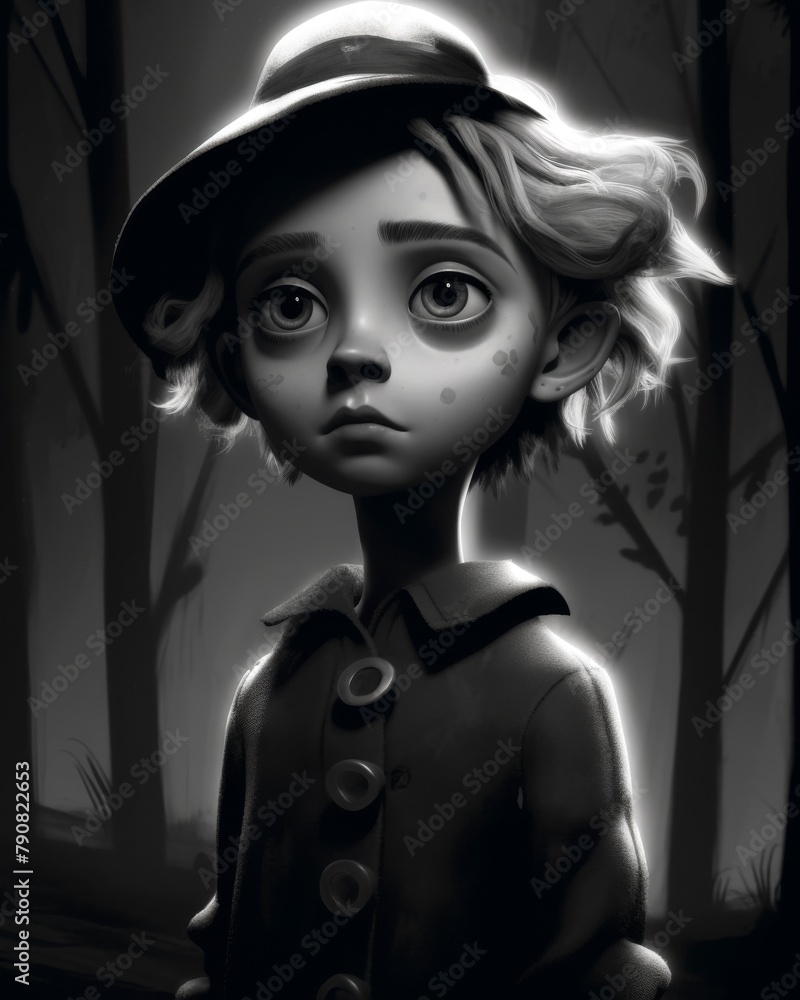 A detailed black and white illustration of an animated young boy wearing a hat, with expressive eyes that convey deep emotion.