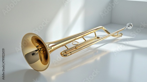 A shiny golden trombone catches the eye against a clean white surface, hinting at the powerful sound it can produce. photo