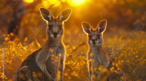 Dawn Illumination: Kangaroo and Joey in the Outback, generative ai © Matus