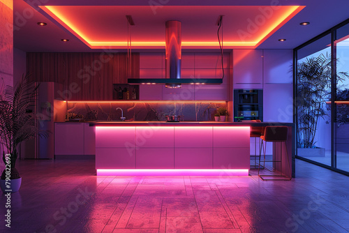 A modern kitchen with a neon light-infused island, creating a focal point and adding a vibrant touch to the space. photo