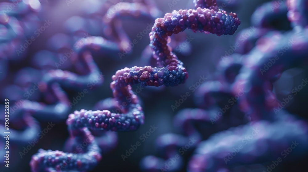 A close up of a strand of DNA with purple and pink colors A close up of a strand of DNA with purple and pink colors