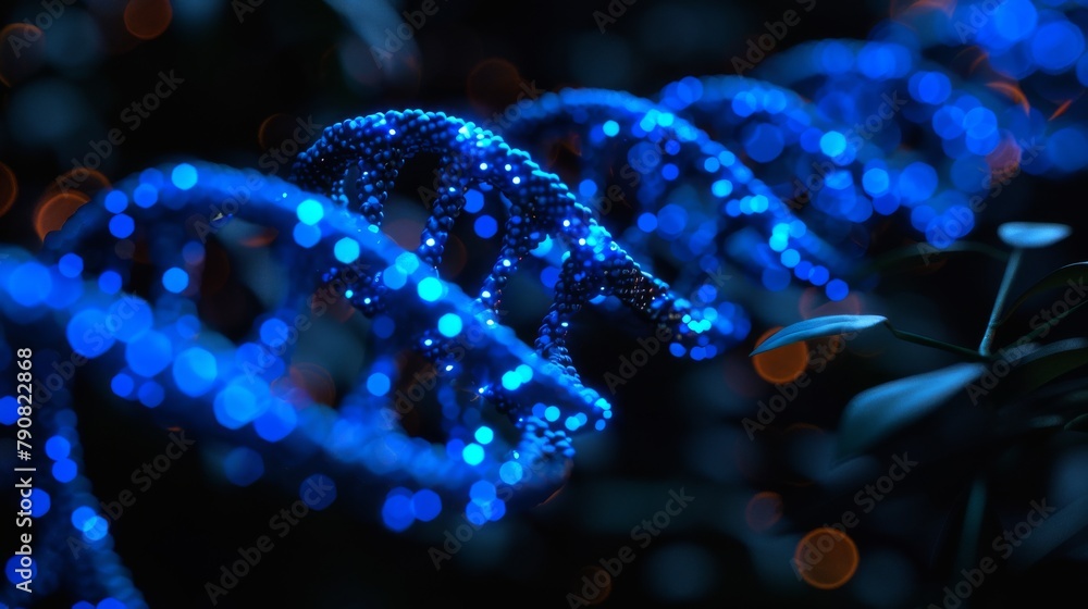 A blue DNA strand with a lot of sparkles