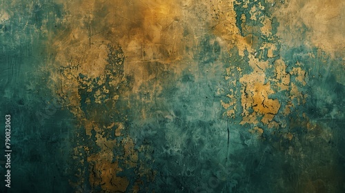 A vintage abstract background with muted tones of ochre, teal, and mustard yellow, reminiscent of old maps. photo