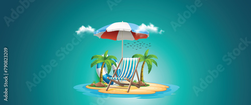 summer sale template. Composition of blue glass board with cute beach. Concept of island vacation. Summer holiday beach vacation concept banner, poster, festoon. Chairs on the sandy beach near the sea