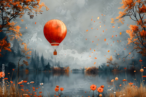 A Vintage Watercolor Balloon Journey Across Tranquil Teal Lake