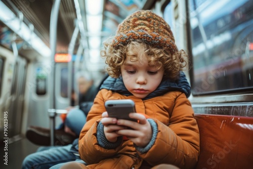 Young boy in hat and coat sitting on train and using phone, absorbed in digital world