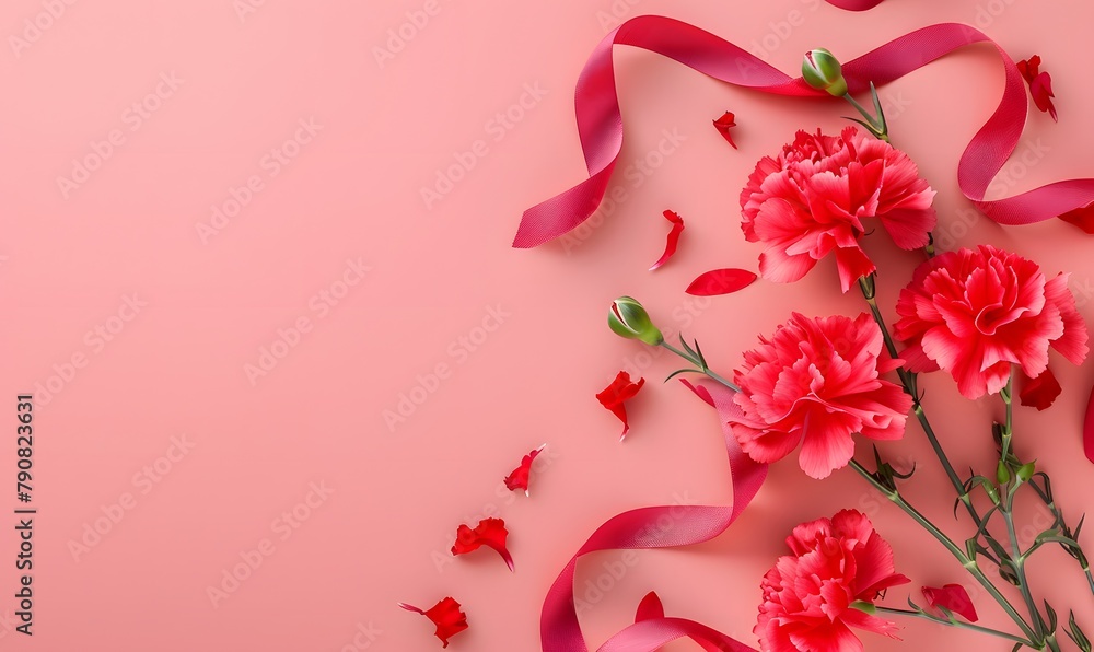 Mother's Day background with copy space, red carnation and ribbon in the coner, Generative AI Mother's Day background with copy space, red carnation and ribbon in the coner, Generative AI