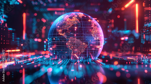 A 3D-rendered scene depicting a global network represented as a neon-lit circle globe, where nanotechnology circuits and nodes interlace across continents