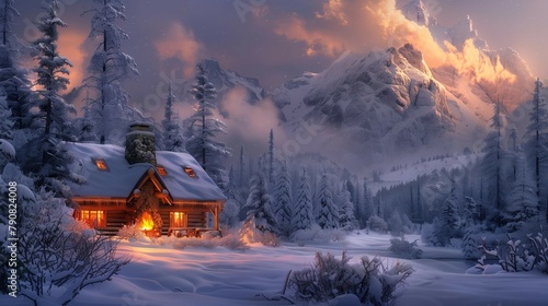 Twilight Cabin by Fireplace with Snowy Peak Background, generative ai