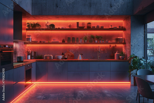 Neon tube lighting integrated into the kitchen shelves, creating an edgy and modern look.