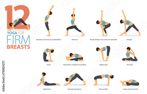 12 Yoga poses or asana posture for workout in firm breasts concept. Women exercising for body stretching. Fitness infographic. Flat cartoon.