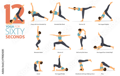 12 Yoga poses or asana posture for workout in sixty second concept. Women exercising for body stretching. Fitness infographic. Flat cartoon.