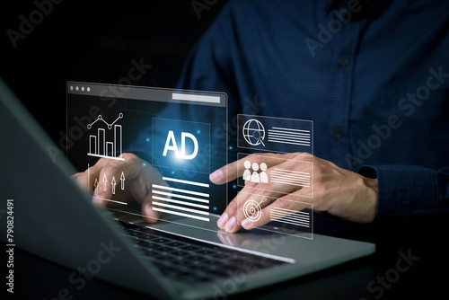 Advertising Marketing Plan Branding Business Technology concept , man touch virtual advertising on website. planning advertising marketing strategies to target , ad, advertisers, sales.