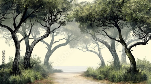 Mystical Forest Pathway Leading to the Ocean Horizon