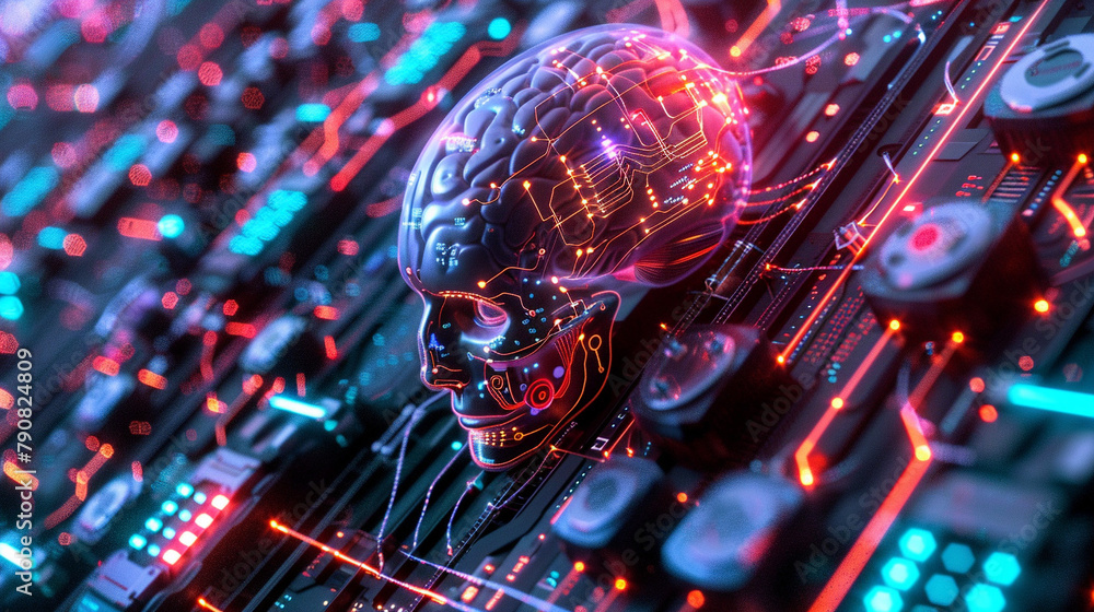A 3D-rendered scene illustrating the intricate network of connections between a Brain-Computer Interface A 3D-rendered scene illustrating the intricate network of connections between a Brain-Computer Interface