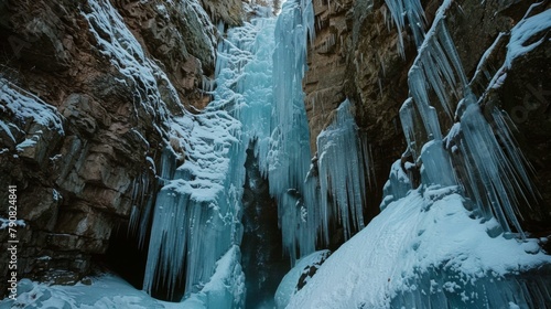 Majestic Frozen Waterfall in Icy Mountain Ravine