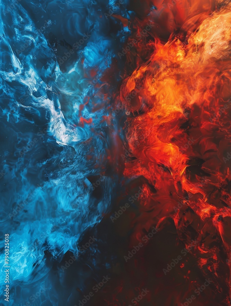 Dynamic Fiery Red and Cool Cerulean Contrasts in Abstract Artistic Composition