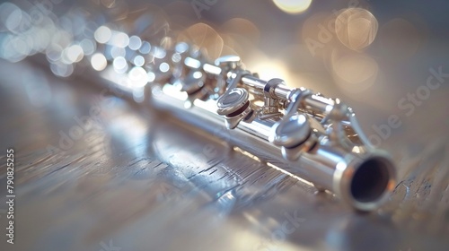 A sleek silver piccolo gleams in the light against a white canvas, ready to add a sparkling high note to any musical ensemble. photo