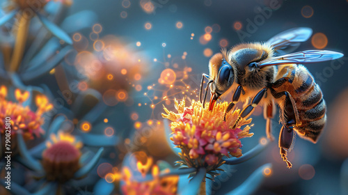 Bee sucks flower nectar photo