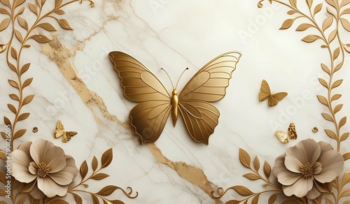 marble background with flower designs and butterfly silhouette, wall decoration in gold tones © Jason Yoder