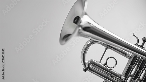 A sleek silver trumpet glistens in the light against a white backdrop, ready to unleash its bold and brassy tones. photo