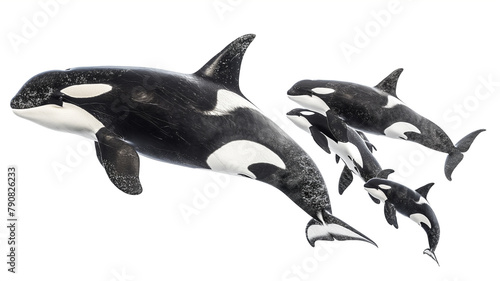 Pod of orcas, with varying sizes indicating a family group, isolated on a white background. photo